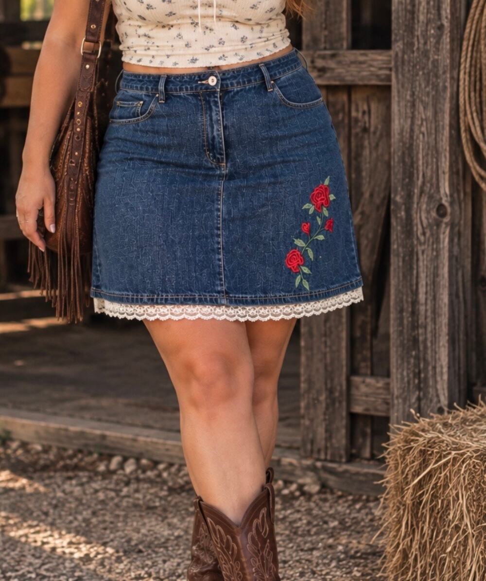 Vintage Faded Glory Y2K Denim Skirt Embroidered Roses Lace Trim Plus 18 W